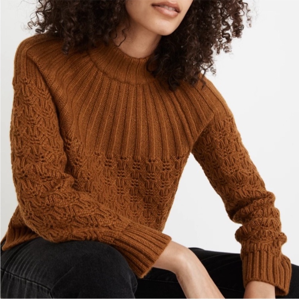 Madewell Women’s Pointelle Stitch Mix Mock Neck Sweater in Dried Cedar Brown -S - Picture 3 of 12
